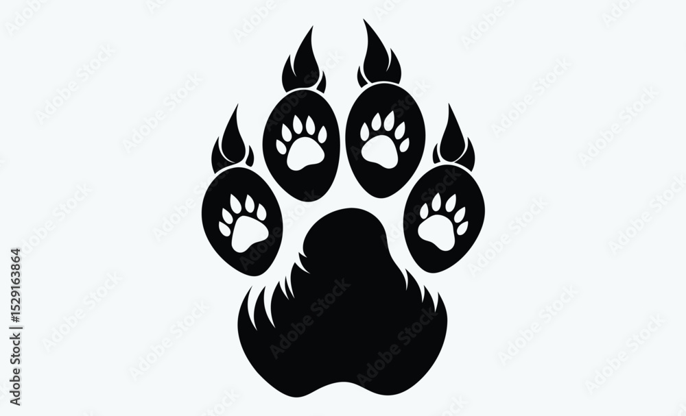 Fototapeta premium Yeti foot track silhouette, beast footprint border, wild animal trace, bigfoot trail silhouette, vector illustration, Traces of beast bear, Foot prints border the background