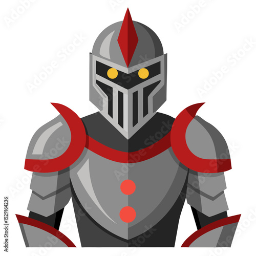 A stylized medieval knight illustration featuring a full suit of gray armor.