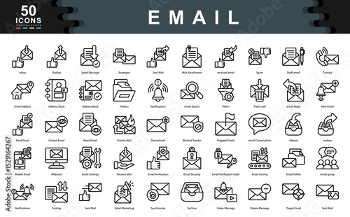 Email black icon set highlights key communication tools such as inbox management, filtering, and security ideal for messaging platforms, digital marketing, and workflow optimization.