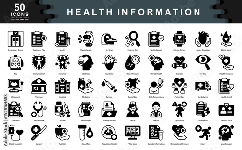 The Health Information black icon set represents core aspects of medical records, diagnostics, and wellness monitoring, ideal for healthcare apps, insurance portals, and hospital systems.