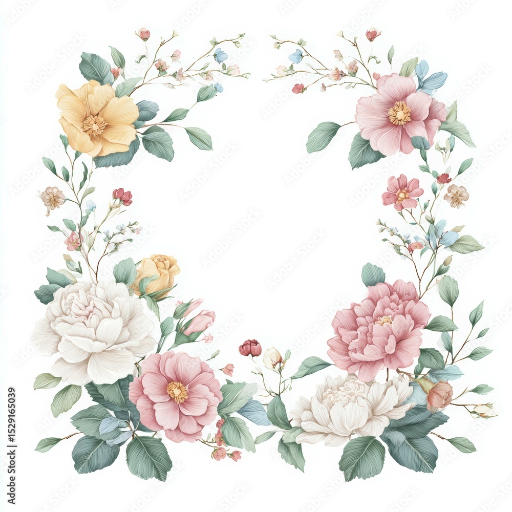 Delicate floral border design featuring peonies and blossoms in soft pastel colors Delicate floral border design featuring peonies and blossoms in soft pastel colors