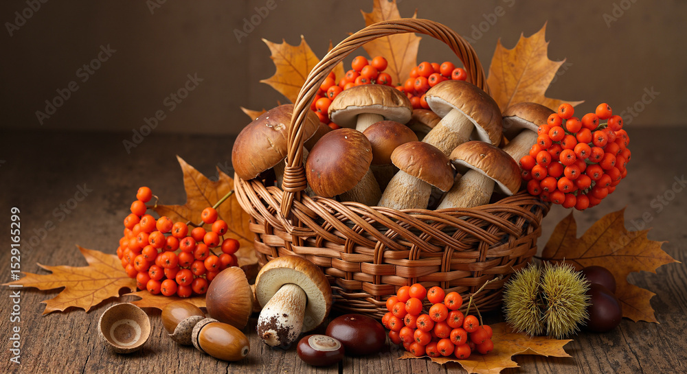 Fresh mushrooms and autumn leaves in a wicker basket Fresh mushrooms and autumn leaves in a wicker basket