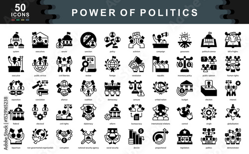 The Power of Politics black icon set explores key political forces like democracy, policy, civil rights, and diplomacy ideal for educational, government, or civic engagement projects.