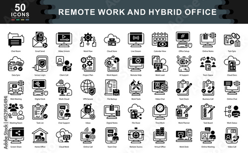 The Remote Work and Hybrid Office black icon set illustrates modern tools, environments, and communication essentials ideal for flexible teams, virtual collaboration, and productivity solutions.