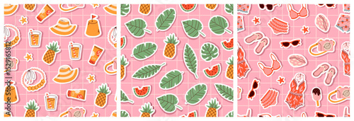 Seamless summer pattern set with beach vacation items on a pink grid background. Features swimsuits, pineapples, watermelon slices, sunglasses, drinks, flipflops, cameras, and tropical leaves.