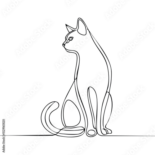 Minimalist one-line drawing of a cat sitting calmly with its tail wrapped around its body
