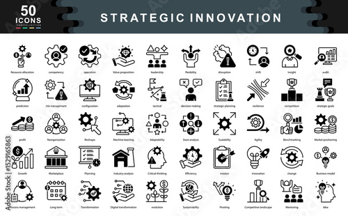The Strategic Innovation black icon set captures core themes like adaptability, transformation, and leadership. Ideal for visualizing business evolution, planning, and long term value creation.