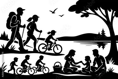 Family Outdoor Adventure - Hiking and Cycling Silhouette
