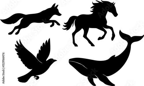 Silhouettes of Fox, Horse, Bird, and Whale
