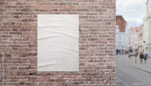 Urban street scene with blank poster on brick facade near sidewalk. Perfect mockup for promoting prints, ads, or visual content.