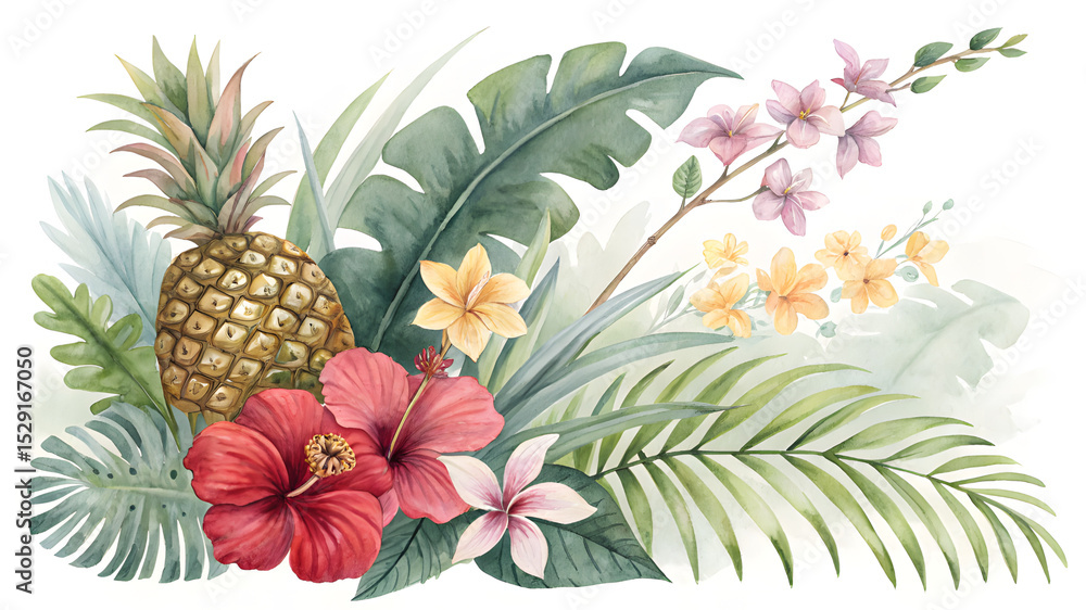 Fototapeta premium Tropical Set. Exotic flower hibiscus, orchid, monstera palm leaf and pineapple, ripe fruit. Jungle watercolor painting