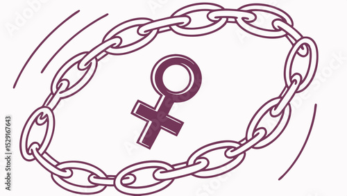 Broken chain links forming circle around feminist symbol icon  