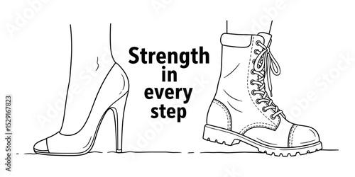 High-heeled shoe and military boot illustrating strength in every step  
