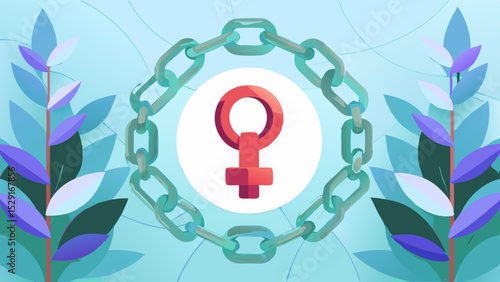 Chain links forming female symbol surrounded by colorful leaves  