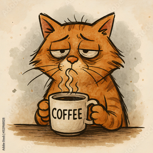 Tired cat drinking coffee