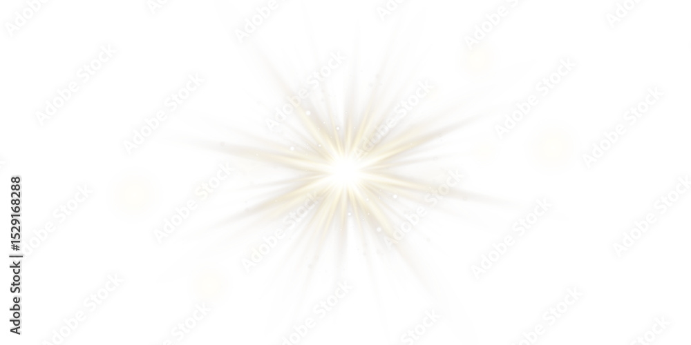 Naklejka premium Vector transparent sunlight with sun glare. Overlay, Sun rays and glare, Sun, sunrays, light transitions, lens flare, light leaks and glare in PNG format. PNG sunlight flare. Golden flash and glare.
