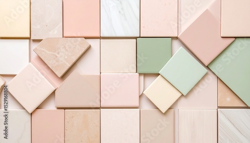 Wallpaper Mural Matte ceramic tiles in layered blush, pistachio, and butter tones, arranged in clean geometric composition. Torontodigital.ca