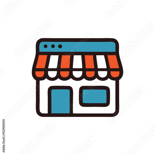 A colorful illustration of a shopfront with a striped awning, windows, and a website header.