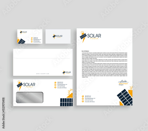 Solar stationery set, Solar Energy, Renewable Energy, Solar Panel, Clean Energy, Sustainable Power, Green Technology, Eco Friendly, Solar Power Logo, Energy Company Branding, Solar Business Identity