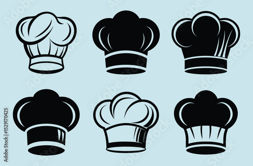 Chef hat silhouette, kitchen headwear icons,cooking cap design, black and white graphic, set of vector different types of chef hat silhouette 