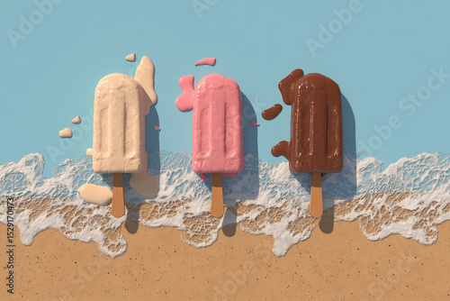 Three ice creams are melting on the beach.