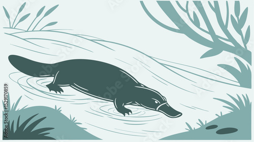 Platypus Swimming in Teal Water Nature Scene blue