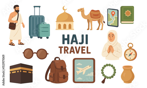 Vector illustration of Hajj travel essentials including pilgrim couple, Kaaba, mosque, camel, ihram, tasbih, compass, map, backpack, and airplane. Perfect for Islamic pilgrimage guides, travel brochur