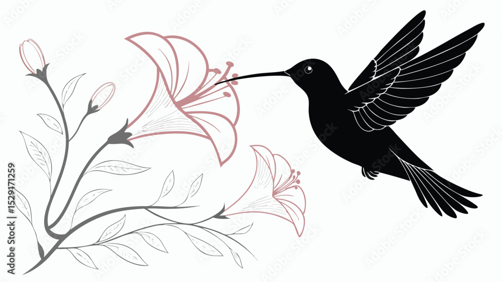 Obraz premium Black Hummingbird Silhouette with Pink Flowers on White