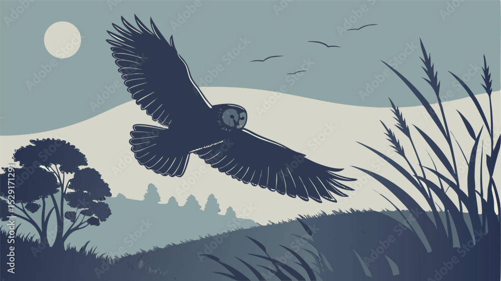 Obraz premium Barn Owl in Flight over Serene Landscape bird flying