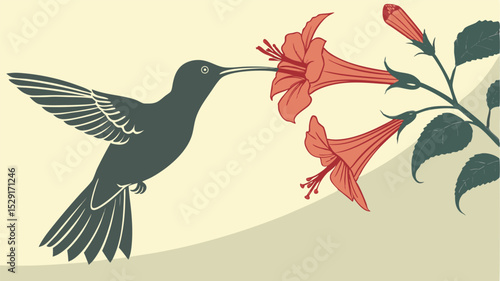 Hummingbird Feeding on Coral Flowers Beige Background