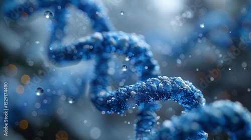 This stunning image captures a close-up of a blue DNA helix, highlighting its intricate structure and the essence of life at a molecular level in a vibrant environment.