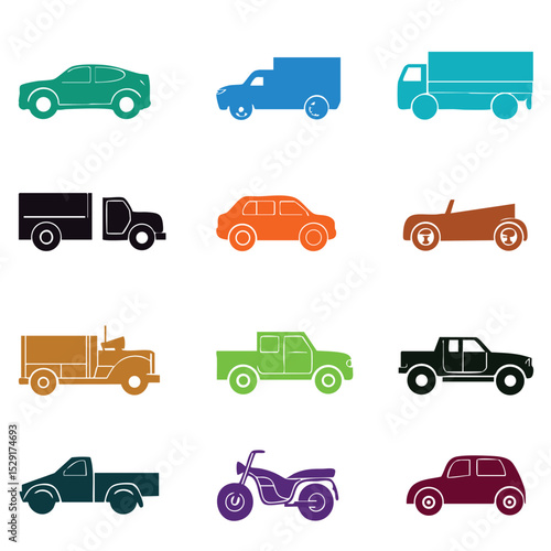 Set of vehicle silhouettes in line art form such as cars, motorbikes, trucks and pick-ups