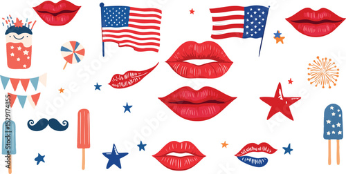 A festive vector set for the 4th of July celebration featuring American flags, bald eagles, Uncle Sam hats, fireworks, beer glasses, and patriotic sunglasses. Perfect for party invites and event poste