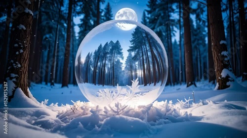 Forest landscape in glass sphere with snow covered trees and moon reflecting winter fantasy