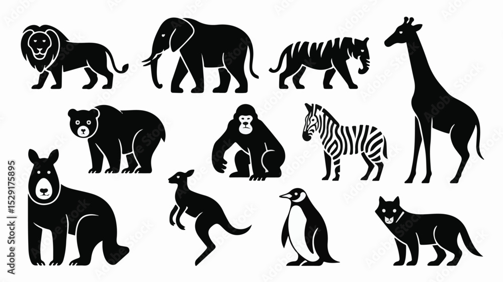 Naklejka premium Wild Animal Silhouette Vector Set Featuring Lion, Elephant, Tiger, and More for Nature and