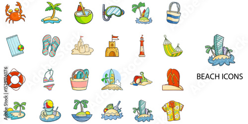 Beach simple concept 24 hand drawn color icons set .Vector illustration.