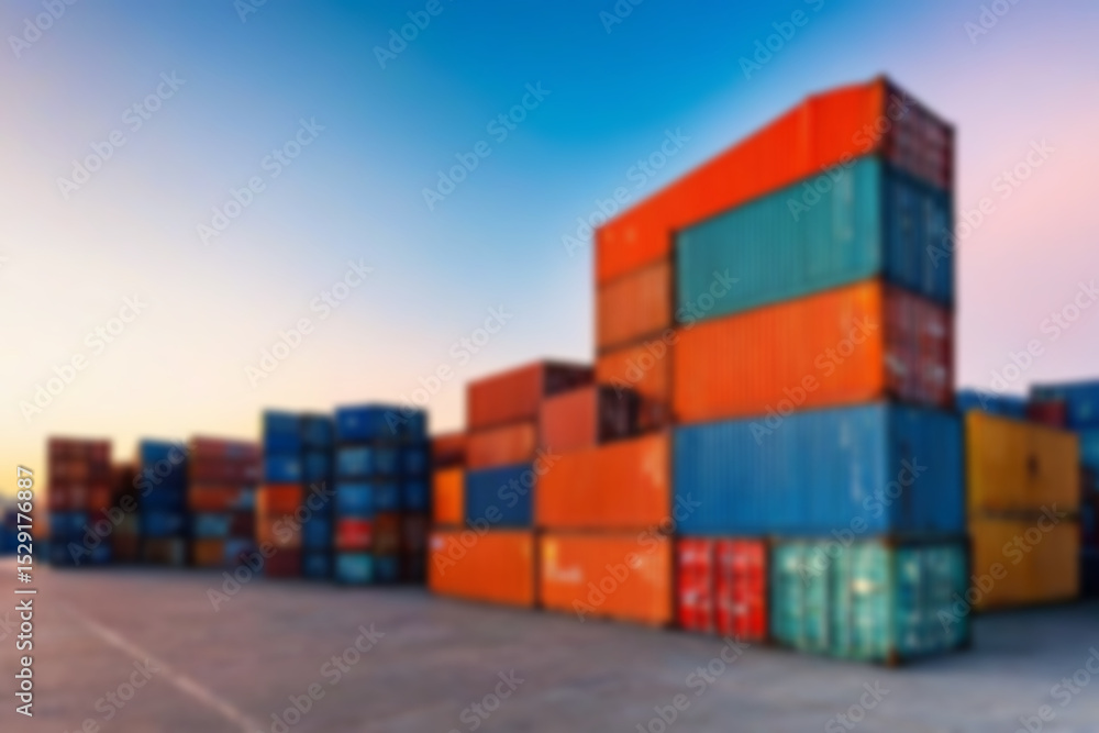 Fototapeta premium Blurry photo of stacks of containers on the harbor dock ready to be lifted onto a ship with an afternoon sunset, blurry harbor.