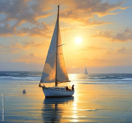 Illustration of sailboat yaht in calm ocean with island and sunrise.