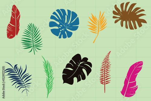 Flat and lineart vector leaf decorations, featuring diverse leaf shapes from tropical to temperate. Ideal for logos, posters, greeting cards, web design, and any botanical or garden-inspired illustrat