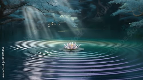 Ripple Water with Floating Lotus in a Mystical Forest Pond under Moonlight
