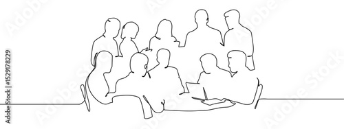 Continuous line, group of people are having a meeting, working, planning, financial business illustration. Vector art lines, transparent background, edit stroke