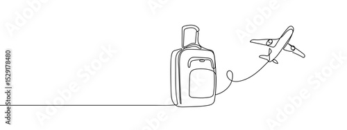 Continuous lines, suitcases and airplanes Vector art lines, transparent background, edit stroke