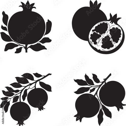 pomegranate fruit silhouette set vector illustration isolated On Transparent Background 