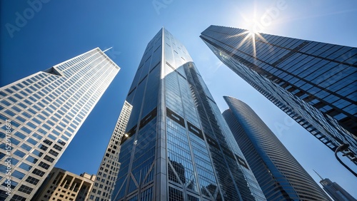 Modern skyscrapers soaring towards the clear blue sky with bright sunlight shining through