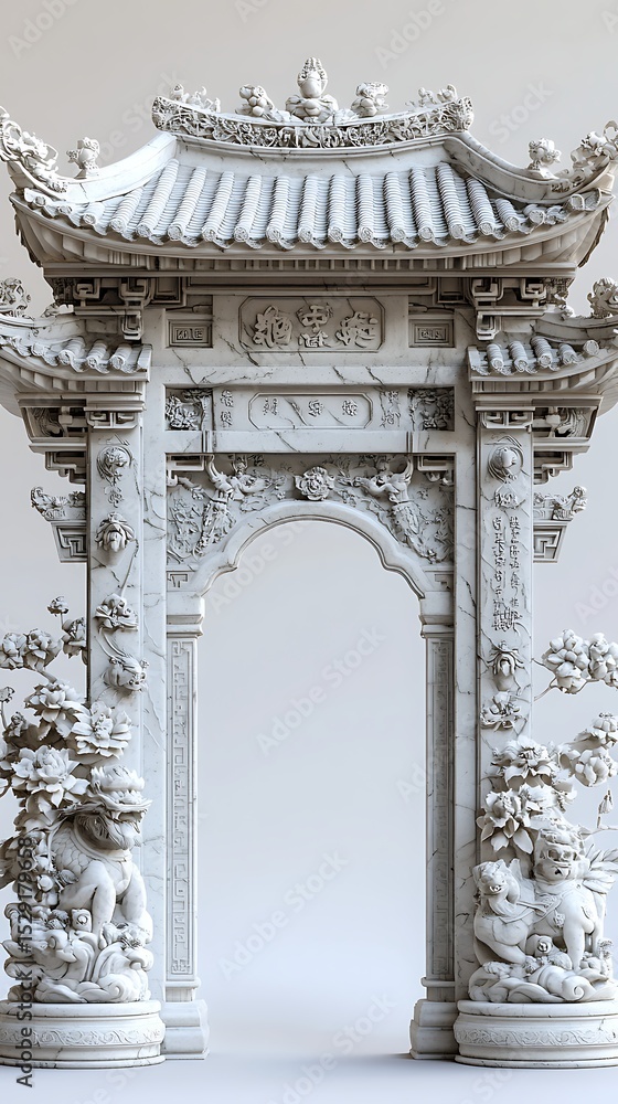 Naklejka premium Oriental religious structure with granite roof dragons Images