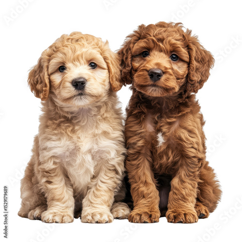 Studio photo of golden doodle puppies dog isolated on transparent background..