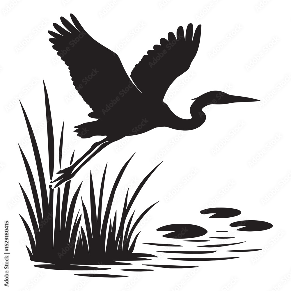 Fototapeta premium Heron Bird Flying Over Lake with Reeds Silhouette Design