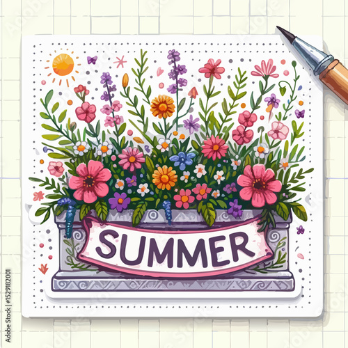 Colorful flower arrangement with summer label on a sketchpad  