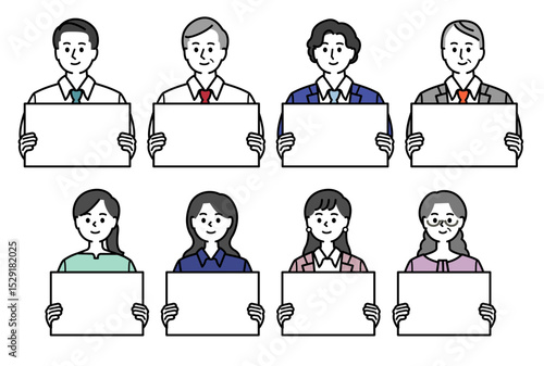 Male and female businessmen set holding placards フリップボードを持つビジネスマン