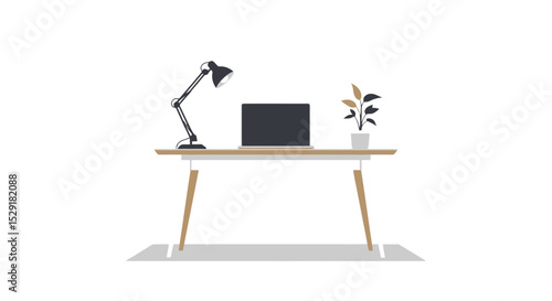 Minimalist Workspace Illustration with Laptop and Plant
